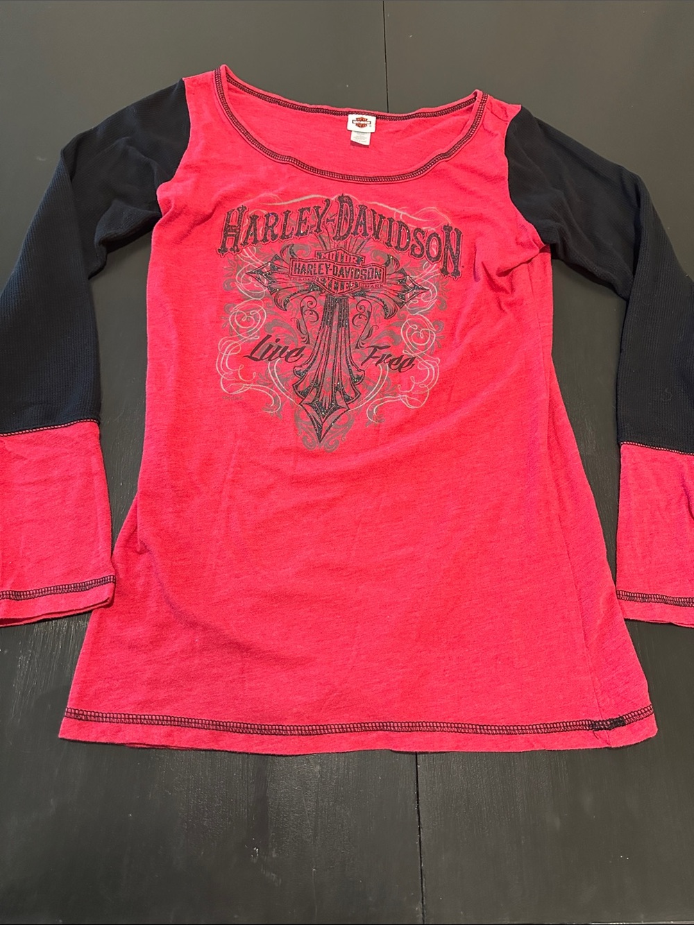 Harley-Davidson Red and Black Long Sleeve Women’s Graphic Tee